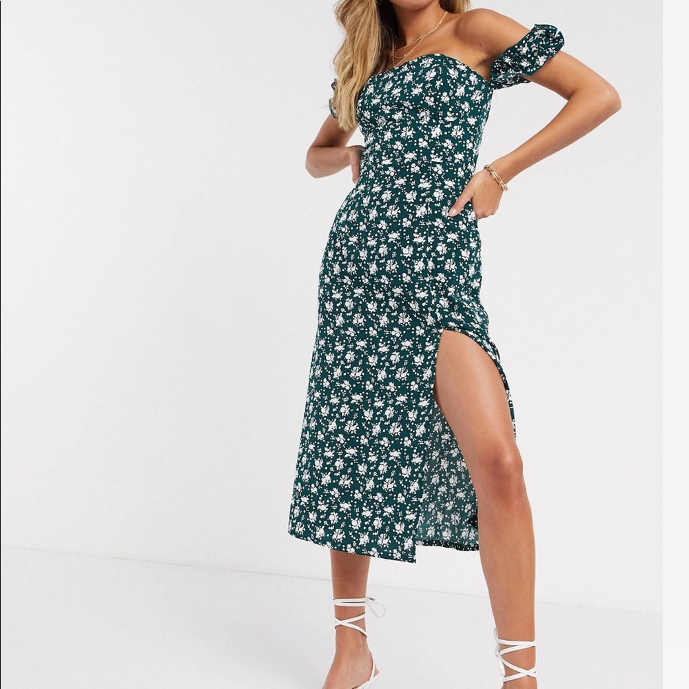 Fashion Union Floral Midi Slit Bardot Off the Shoulder Dress